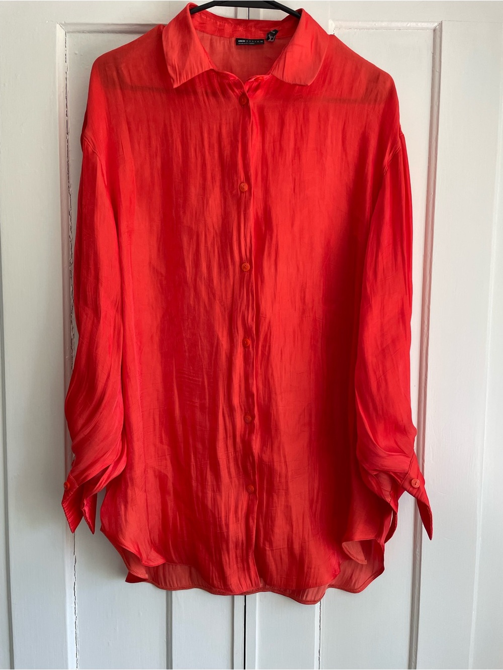 ASOS Sheer Satin Shirt Women's Flame Red Persimmon Orange Button Down Top Size 6